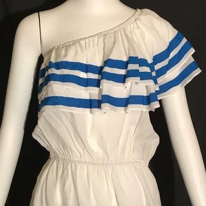White with blue stripes one shoulder top.